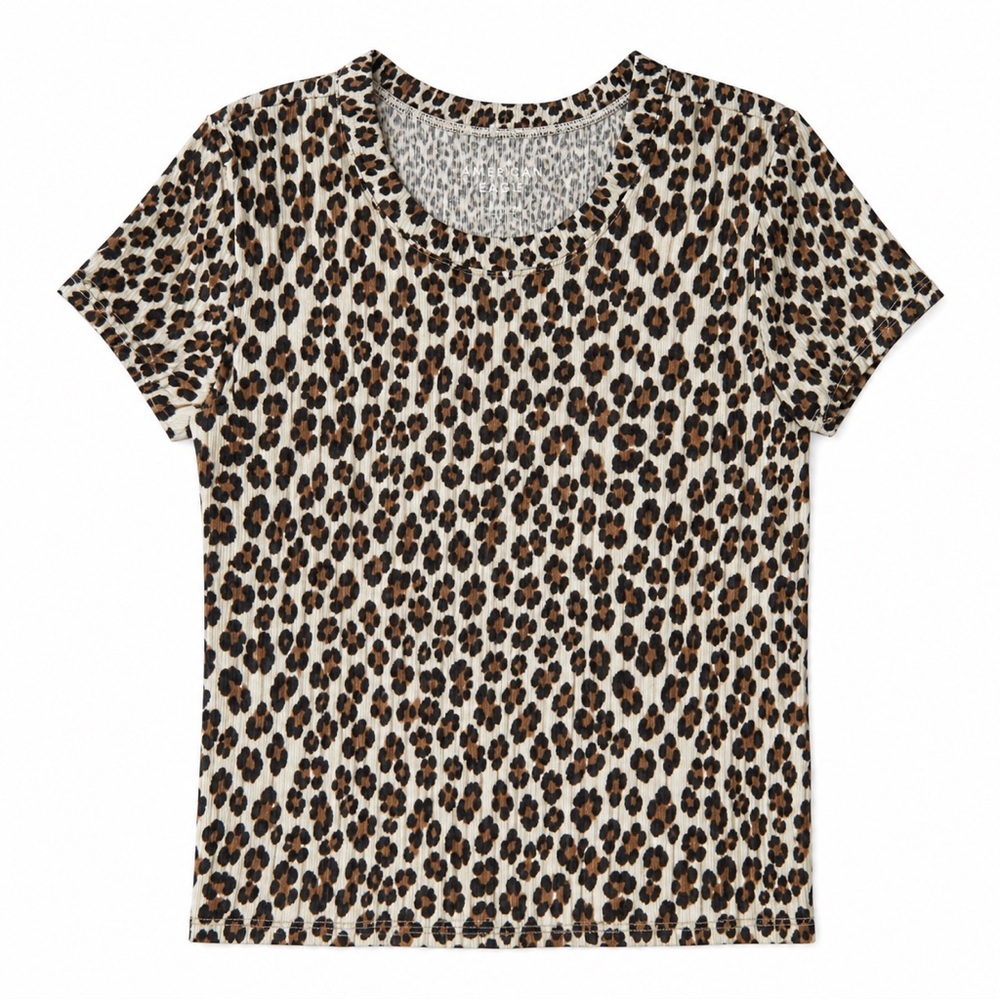 American Eagle Leopard Print Ribbed Tee | Soft Stretch Animal Print Top Medium